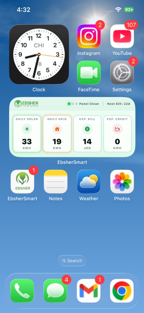 Ebsher Smart home screen widget showing daily solar, grid, bill, and credit